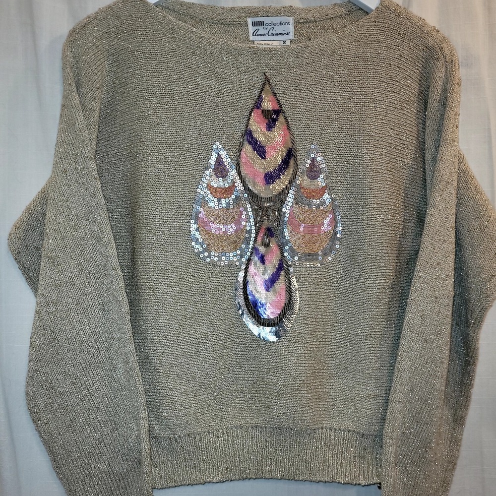 Umi Collections Sweater Small VTG Gold Metallic Sequin Applique Anne Crimmins